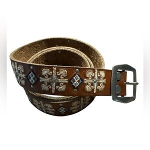 Lucky Brand Brown Leather Belt White Blue Embroidery Boho Western Y2K Medium